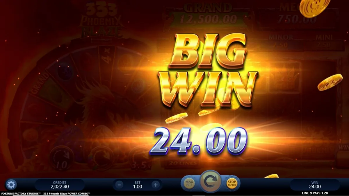 Tampilan visual slot 333 Phoenix Blaze Power Combo dengan latar belakang gunung berapi.